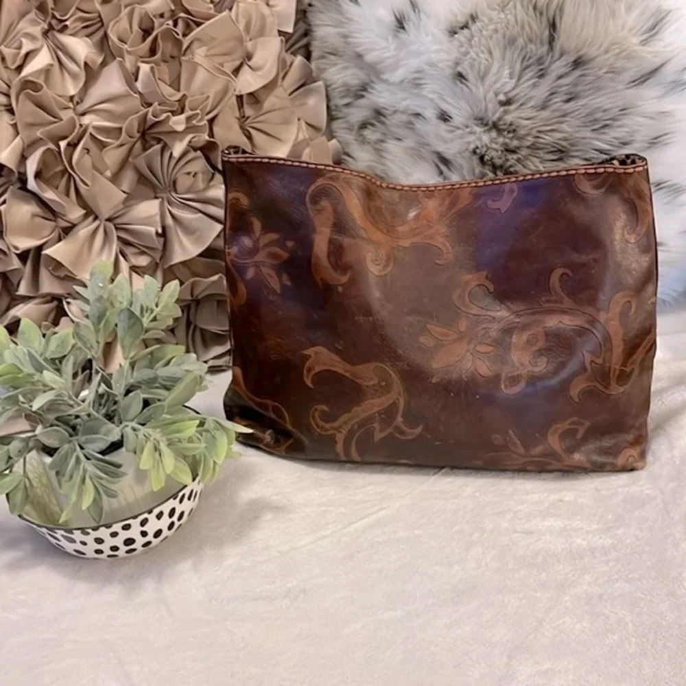 Plinio Visona Vintage Brown & Tan Embossed Leather Italian Laptop Case Purse